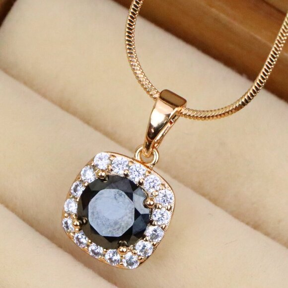 "Black Round Stone Pendant in Gold Plated Brass with Crystal Halo, XPPT1771 - Picture 1 of 13